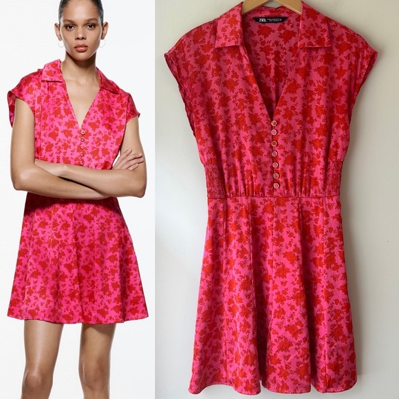 Zara Dresses & Skirts - Zara Pink‎ Red Floral Satin Mini Dress